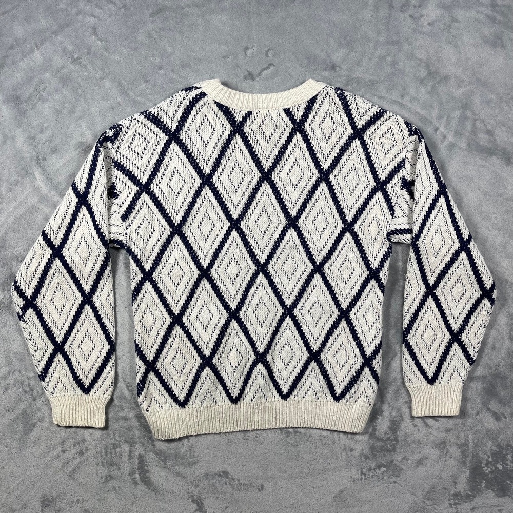 The Fox Collection Vintage Mens Large Diamond Knit Cotton Sweater Navy Cream USA - Picture 7 of 9